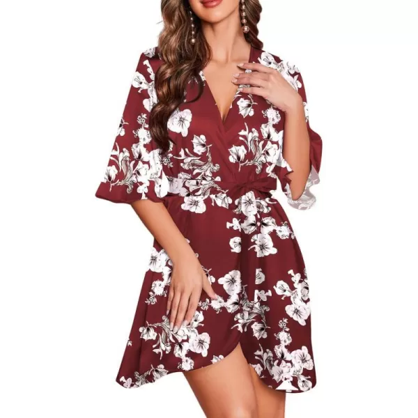 Ekouaer Womens Satin Robe Valentines Lingerie for Women Kimono Bathrobe Short Ruffle Belted Robes Bridesmaids SleepwearWine Floral