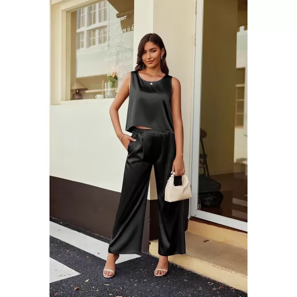 Ekoauer Womens Silk Satin Pajama 2 Piece Outfits Sleeveless Tank Crop Top and Wide Leg Pants Set with PocketsBlack