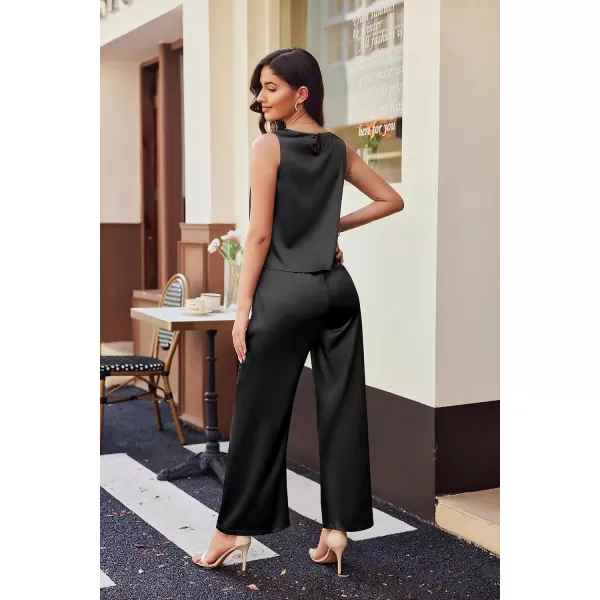 Ekoauer Womens Silk Satin Pajama 2 Piece Outfits Sleeveless Tank Crop Top and Wide Leg Pants Set with PocketsBlack