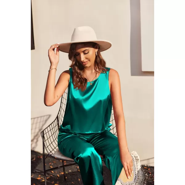 Ekoauer Womens Silk Satin Pajama 2 Piece Outfits Sleeveless Tank Crop Top and Wide Leg Pants Set with PocketsBlue Green