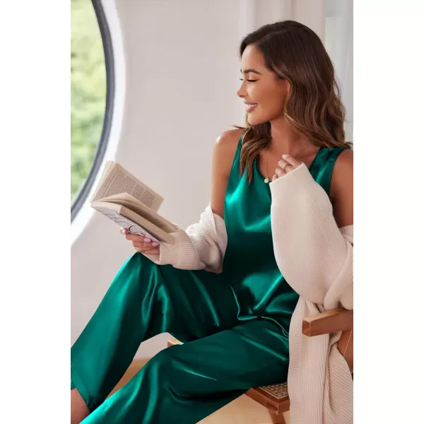 Ekoauer Womens Silk Satin Pajama 2 Piece Outfits Sleeveless Tank Crop Top and Wide Leg Pants Set with PocketsBlue Green