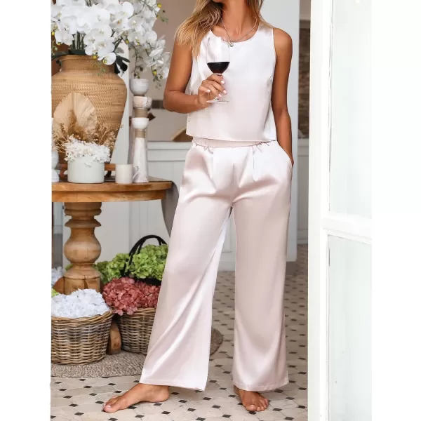 Ekoauer Womens Silk Satin Pajama 2 Piece Outfits Sleeveless Tank Crop Top and Wide Leg Pants Set with PocketsChampagne