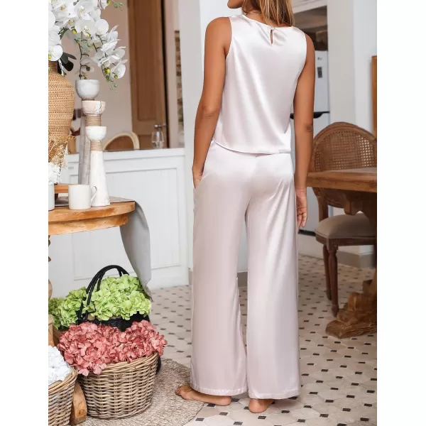 Ekoauer Womens Silk Satin Pajama 2 Piece Outfits Sleeveless Tank Crop Top and Wide Leg Pants Set with PocketsChampagne