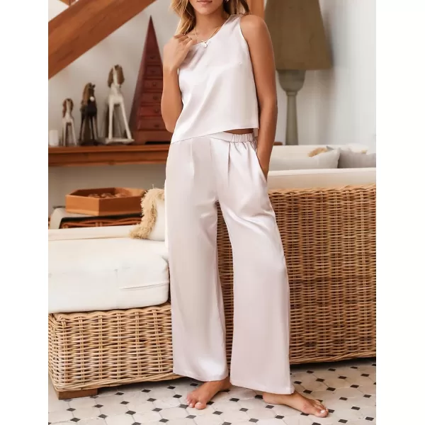 Ekoauer Womens Silk Satin Pajama 2 Piece Outfits Sleeveless Tank Crop Top and Wide Leg Pants Set with PocketsChampagne
