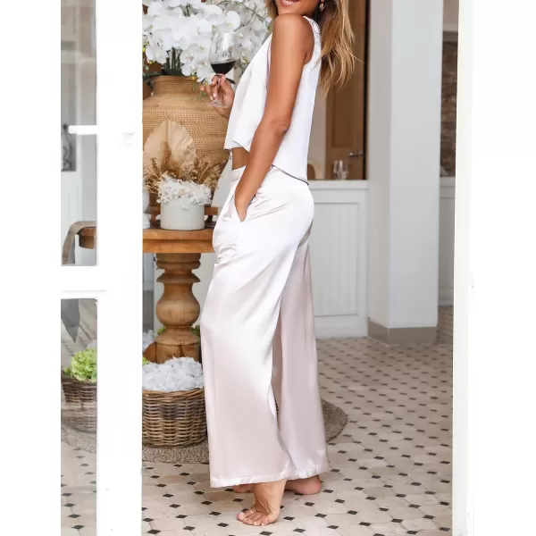Ekoauer Womens Silk Satin Pajama 2 Piece Outfits Sleeveless Tank Crop Top and Wide Leg Pants Set with PocketsChampagne