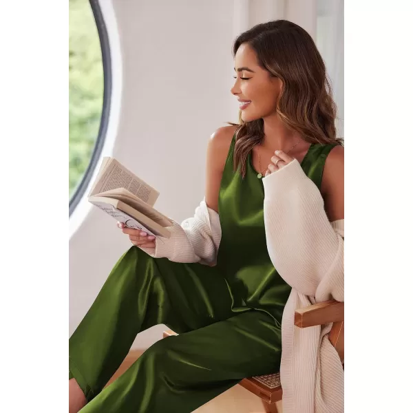 Ekoauer Womens Silk Satin Pajama 2 Piece Outfits Sleeveless Tank Crop Top and Wide Leg Pants Set with PocketsDeep Green
