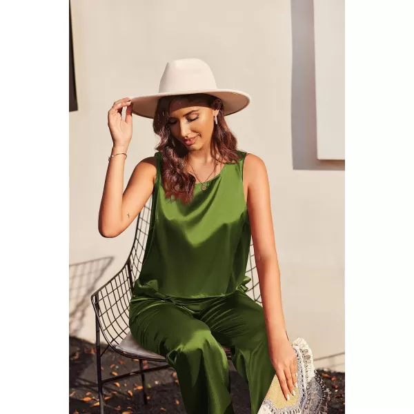 Ekoauer Womens Silk Satin Pajama 2 Piece Outfits Sleeveless Tank Crop Top and Wide Leg Pants Set with PocketsDeep Green