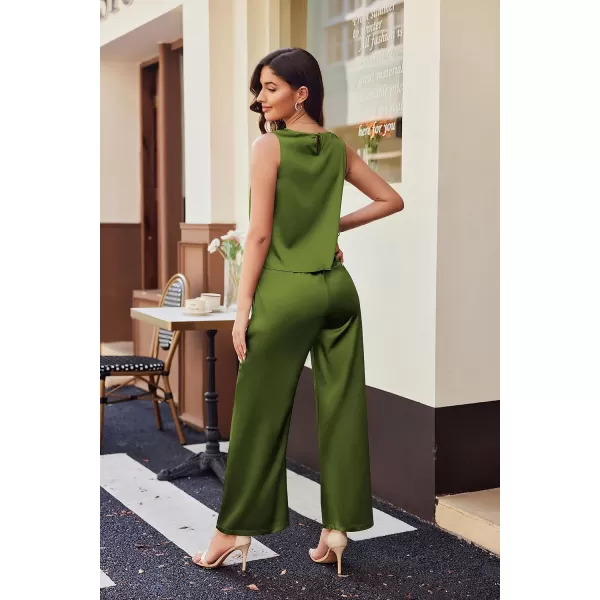 Ekoauer Womens Silk Satin Pajama 2 Piece Outfits Sleeveless Tank Crop Top and Wide Leg Pants Set with PocketsDeep Green