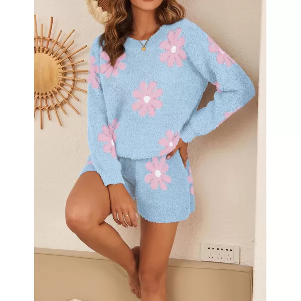 Ekouaer Fuzzy Fleece Pajamas 2 Piece Warm Soft Lounge Set Long Sleeve Sweater Top and Shorts Loungewear Outfits SweatsuitsBlue Flowers