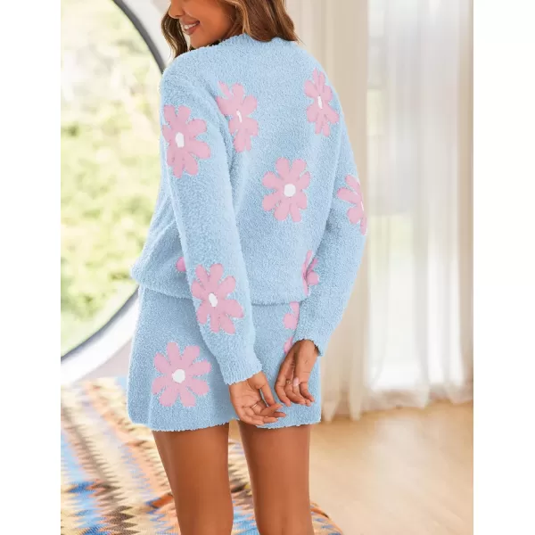 Ekouaer Fuzzy Fleece Pajamas 2 Piece Warm Soft Lounge Set Long Sleeve Sweater Top and Shorts Loungewear Outfits SweatsuitsBlue Flowers