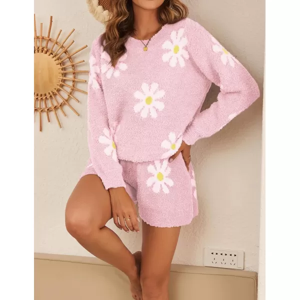 Ekouaer Fuzzy Fleece Pajamas 2 Piece Warm Soft Lounge Set Long Sleeve Sweater Top and Shorts Loungewear Outfits SweatsuitsPink Flowers