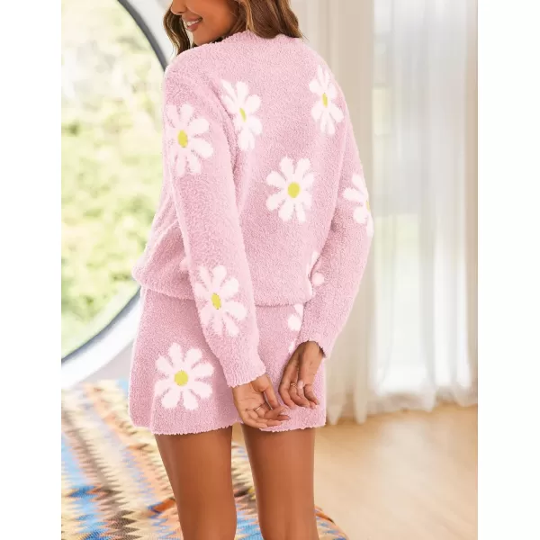 Ekouaer Fuzzy Fleece Pajamas 2 Piece Warm Soft Lounge Set Long Sleeve Sweater Top and Shorts Loungewear Outfits SweatsuitsPink Flowers