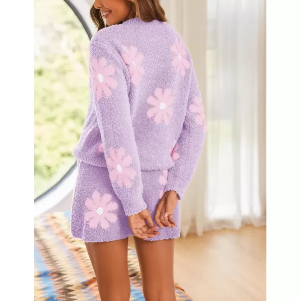 Ekouaer Fuzzy Fleece Pajamas 2 Piece Warm Soft Lounge Set Long Sleeve Sweater Top and Shorts Loungewear Outfits SweatsuitsPurple Flowers