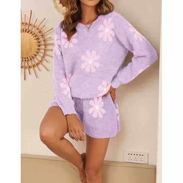 Ekouaer Fuzzy Fleece Pajamas 2 Piece Warm Soft Lounge Set Long Sleeve Sweater Top and Shorts Loungewear Outfits SweatsuitsPurple Flowers