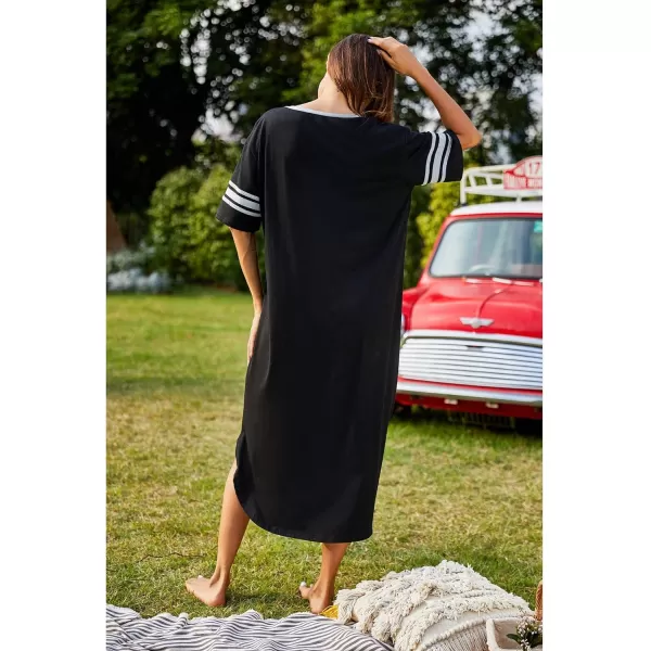 Ekouaer Long Nightgown Womens V Neck Loungewear Oversized Sleepwear Loose Sleep Dress S4XLBlack