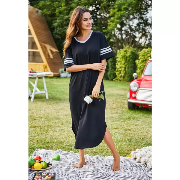 Ekouaer Long Nightgown Womens V Neck Loungewear Oversized Sleepwear Loose Sleep Dress S4XLBlack