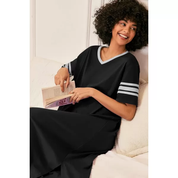 Ekouaer Long Nightgown Womens V Neck Loungewear Oversized Sleepwear Loose Sleep Dress S4XLBlack