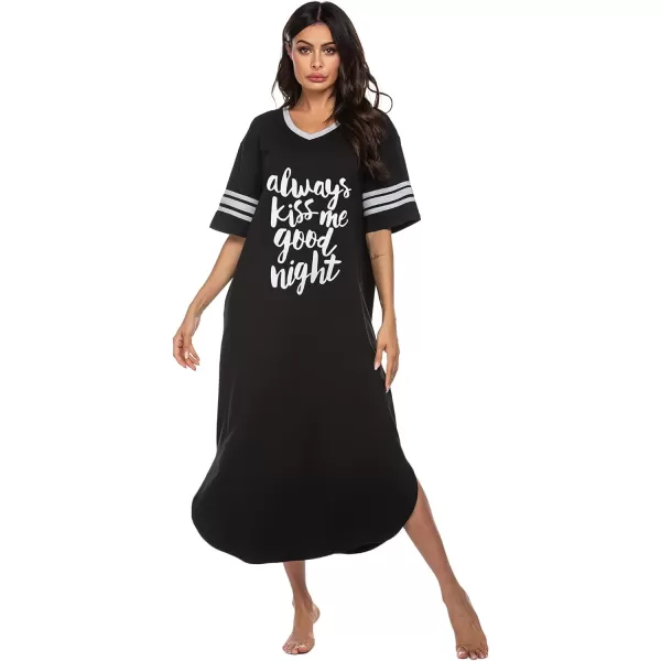 Ekouaer Long Nightgown Womens V Neck Loungewear Oversized Sleepwear Loose Sleep Dress S4XLBlackalways Kiss Me