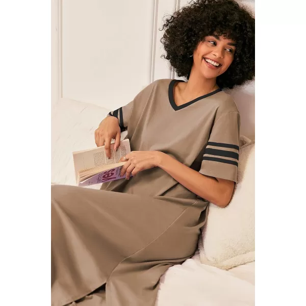 Ekouaer Long Nightgown Womens V Neck Loungewear Oversized Sleepwear Loose Sleep Dress S4XLBrown