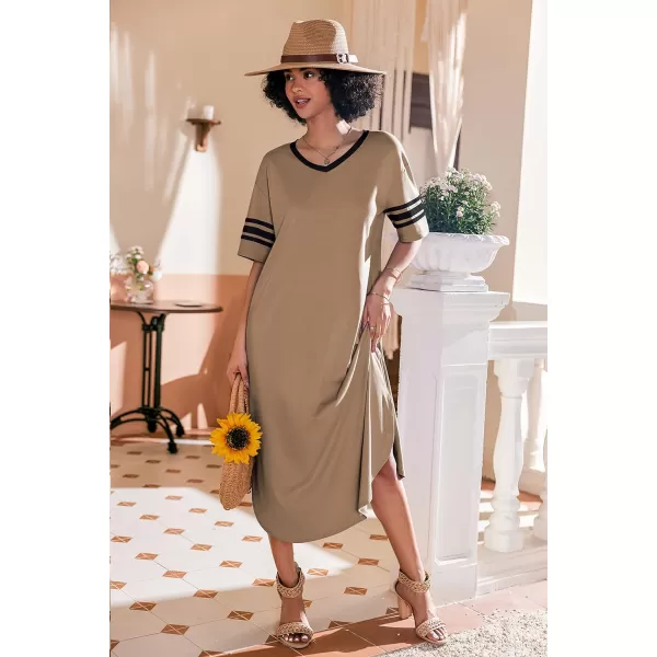 Ekouaer Long Nightgown Womens V Neck Loungewear Oversized Sleepwear Loose Sleep Dress S4XLBrown