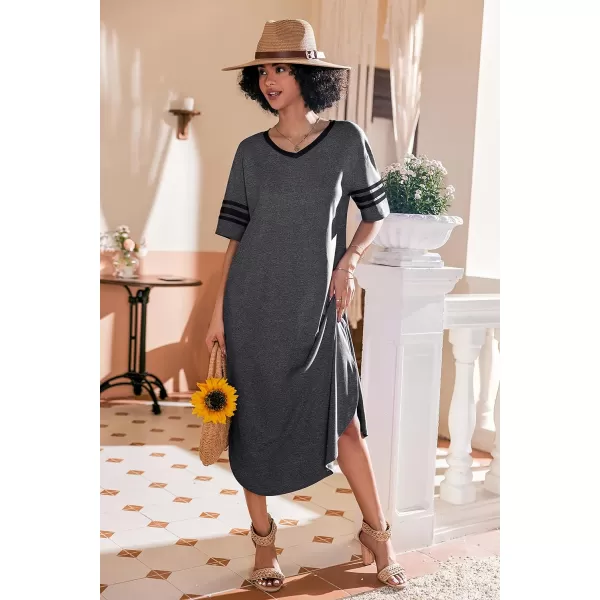 Ekouaer Long Nightgown Womens V Neck Loungewear Oversized Sleepwear Loose Sleep Dress S4XLDark Grey