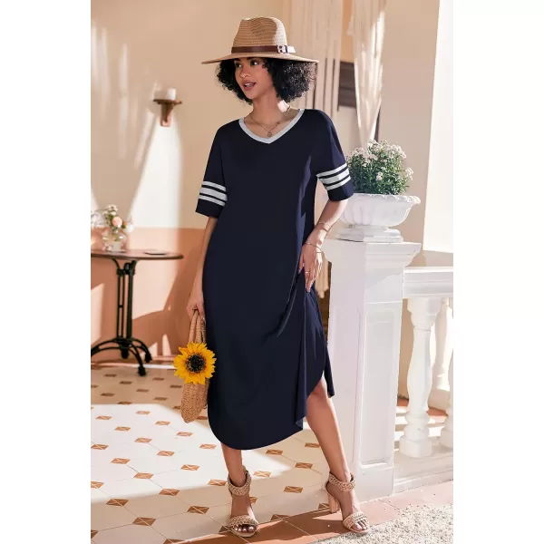 Ekouaer Long Nightgown Womens V Neck Loungewear Oversized Sleepwear Loose Sleep Dress S4XLDark Navy Blue