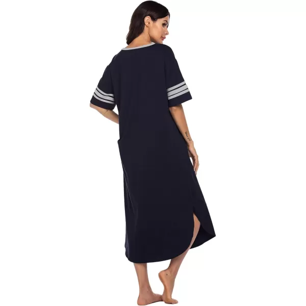 Ekouaer Long Nightgown Womens V Neck Loungewear Oversized Sleepwear Loose Sleep Dress S4XLDark Navy Blue