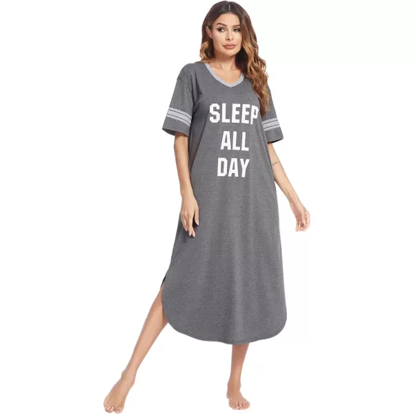 Ekouaer Long Nightgown Womens V Neck Loungewear Oversized Sleepwear Loose Sleep Dress S4XLGreysleep All Day