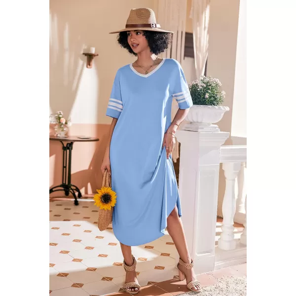 Ekouaer Long Nightgown Womens V Neck Loungewear Oversized Sleepwear Loose Sleep Dress S4XLLight Blue