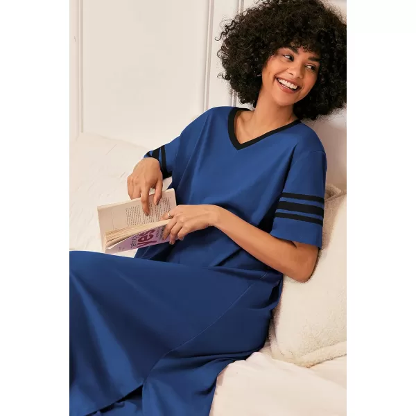 Ekouaer Long Nightgown Womens V Neck Loungewear Oversized Sleepwear Loose Sleep Dress S4XLNavy Blue