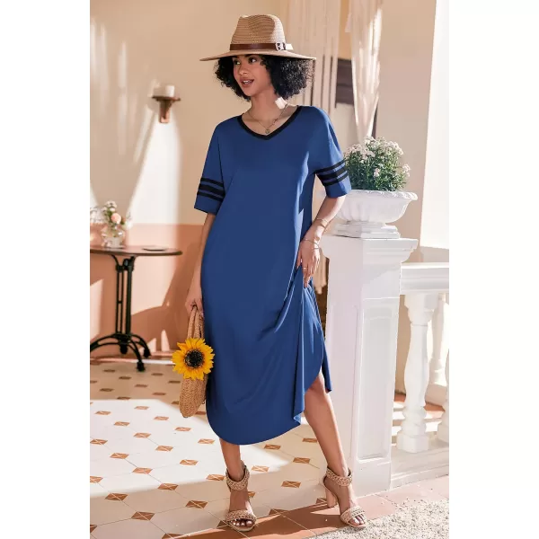 Ekouaer Long Nightgown Womens V Neck Loungewear Oversized Sleepwear Loose Sleep Dress S4XLNavy Blue