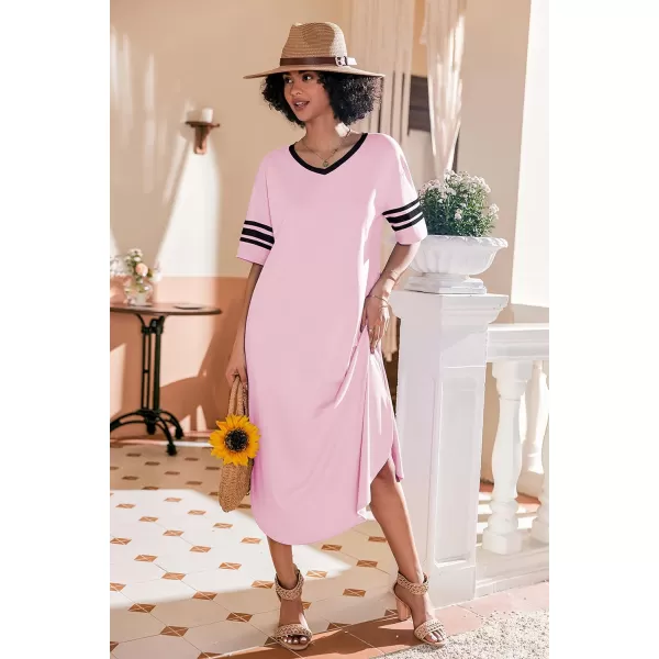 Ekouaer Long Nightgown Womens V Neck Loungewear Oversized Sleepwear Loose Sleep Dress S4XLPink