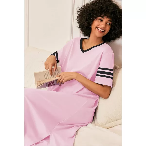 Ekouaer Long Nightgown Womens V Neck Loungewear Oversized Sleepwear Loose Sleep Dress S4XLPink