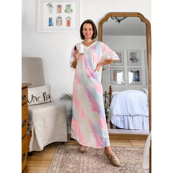 Ekouaer Long Nightgown Womens V Neck Loungewear Oversized Sleepwear Loose Sleep Dress S4XLTie Dyecolorful