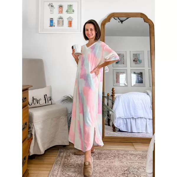 Ekouaer Long Nightgown Womens V Neck Loungewear Oversized Sleepwear Loose Sleep Dress S4XLTie Dyecolorful