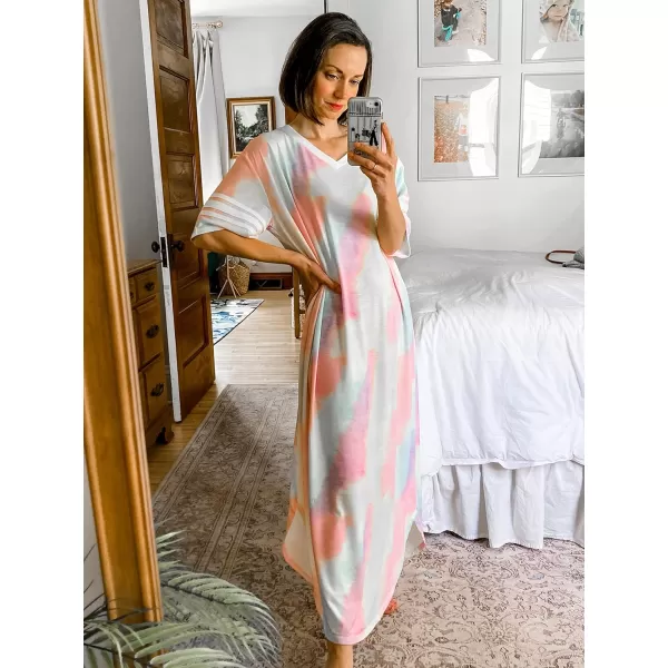 Ekouaer Long Nightgown Womens V Neck Loungewear Oversized Sleepwear Loose Sleep Dress S4XLTie Dyecolorful