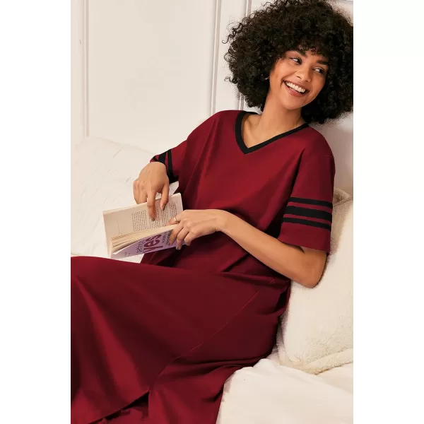 Ekouaer Long Nightgown Womens V Neck Loungewear Oversized Sleepwear Loose Sleep Dress S4XLWine Red