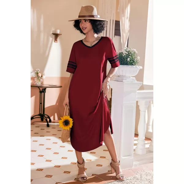 Ekouaer Long Nightgown Womens V Neck Loungewear Oversized Sleepwear Loose Sleep Dress S4XLWine Red