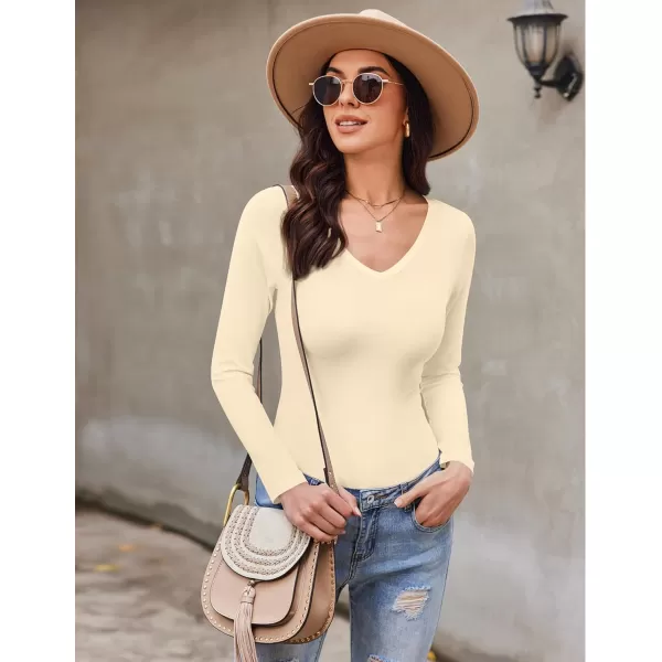 Ekouaer Long Sleeve Shirts for Women V Neck Basics Tops Lightweight Base Layer Slim Fit Top Thermal UndershirtsBeige