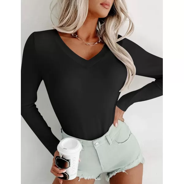 Ekouaer Long Sleeve Shirts for Women V Neck Basics Tops Lightweight Base Layer Slim Fit Top Thermal UndershirtsBlackWhite