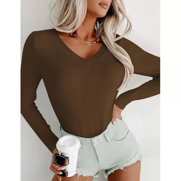 Ekouaer Long Sleeve Shirts for Women V Neck Basics Tops Lightweight Base Layer Slim Fit Top Thermal UndershirtsBrown