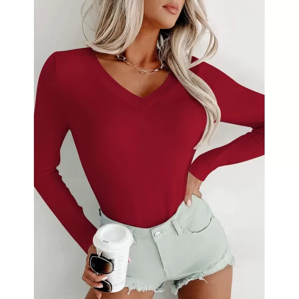 Ekouaer Long Sleeve Shirts for Women V Neck Basics Tops Lightweight Base Layer Slim Fit Top Thermal UndershirtsDark Red