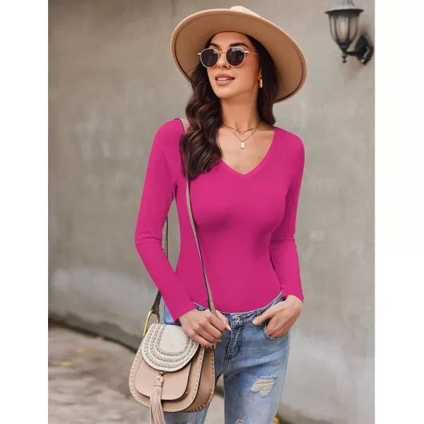 Ekouaer Long Sleeve Shirts for Women V Neck Basics Tops Lightweight Base Layer Slim Fit Top Thermal UndershirtsHot Pink