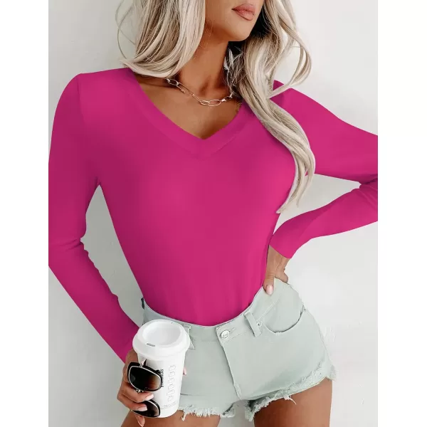 Ekouaer Long Sleeve Shirts for Women V Neck Basics Tops Lightweight Base Layer Slim Fit Top Thermal UndershirtsHot Pink