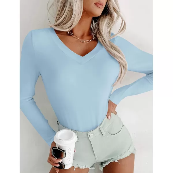 Ekouaer Long Sleeve Shirts for Women V Neck Basics Tops Lightweight Base Layer Slim Fit Top Thermal UndershirtsLight Blue