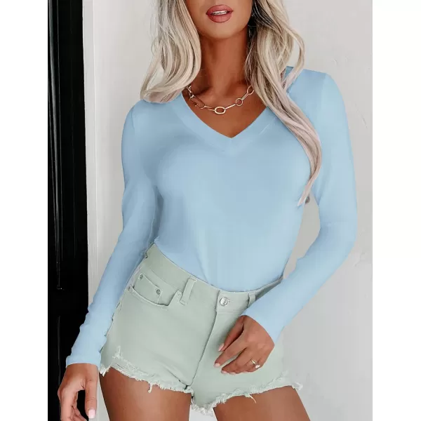 Ekouaer Long Sleeve Shirts for Women V Neck Basics Tops Lightweight Base Layer Slim Fit Top Thermal UndershirtsLight Blue