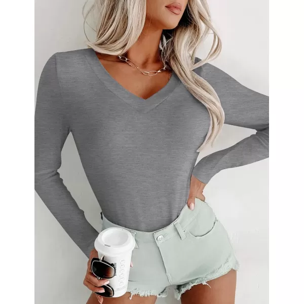 Ekouaer Long Sleeve Shirts for Women V Neck Basics Tops Lightweight Base Layer Slim Fit Top Thermal UndershirtsLight Grey