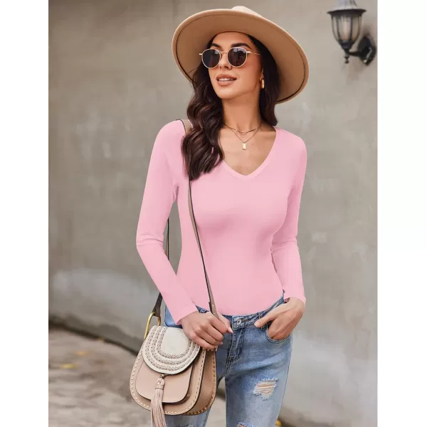 Ekouaer Long Sleeve Shirts for Women V Neck Basics Tops Lightweight Base Layer Slim Fit Top Thermal UndershirtsPink