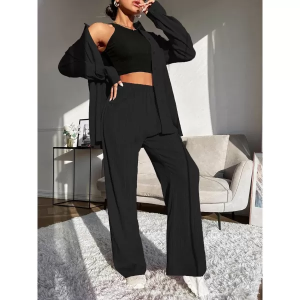 Ekouaer Lounge Set for Women Button Down 2 Pieces Outfits Long Sleeve Pajamas Loungewear with Pockets SXXLBlack