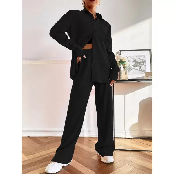 Ekouaer Lounge Set for Women Button Down 2 Pieces Outfits Long Sleeve Pajamas Loungewear with Pockets SXXLBlack